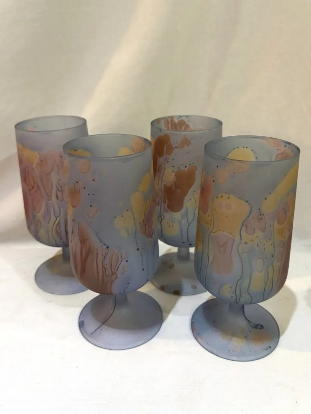 Reuven Glass Art Nouveau Hand Made Stem Wine Glasses Frosted Finish